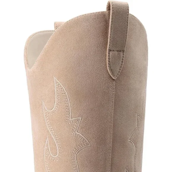 Women's Nude Western Cowgirl Boots Knee High Pointed Toe Chunky Block Heel - Picture 7 of 9